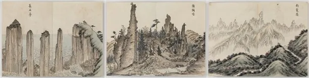 이풍익, <총석정(叢石亭)>, <수미탑(須彌塔)>, <단발령(斷髮嶺)>, 《동유첩(東遊帖)》, 1825-1938, 종이에 수묵채색, 20.0×26.6cm, 성균관대학교박물관 소장