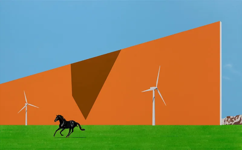 A black horse running under an orange wall, 2025, Oil on Canvas, 72.7 x 116.8cm