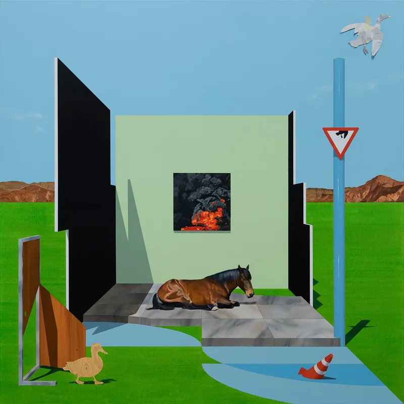 A mint-colored wall and a burning car, 2025, Oil on Canvas, 130.3x130.3cm