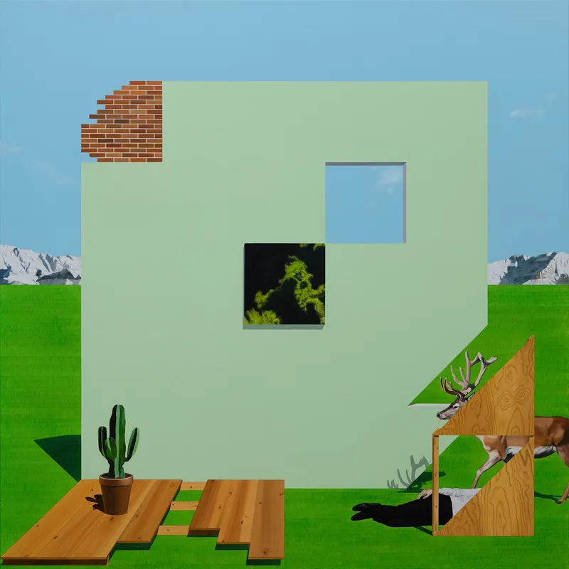 A mint-colored wall and a deep forest, 2025, Oil on Canvas, 130.3 x 130.3cm