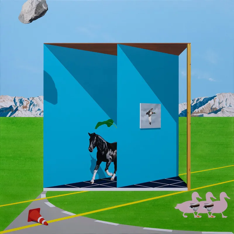 A strange structure and a falling stone, 2025, Oil on Canvas, 130.3 x 130.3cm
