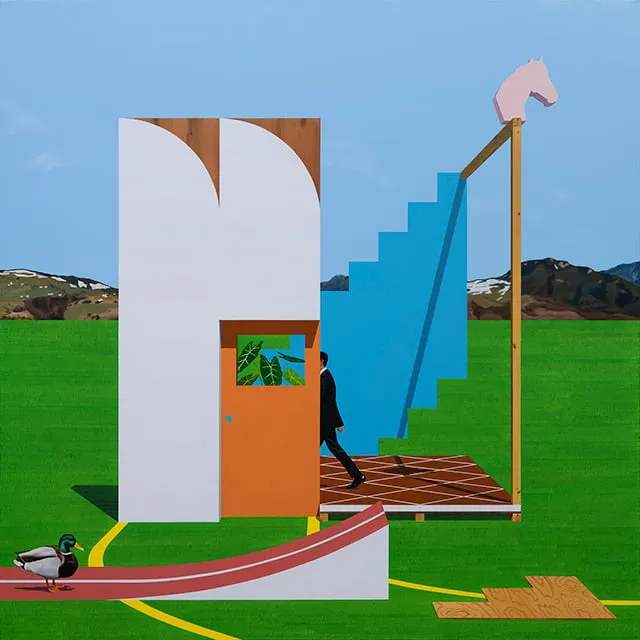 A strange structure with an orange door, 2025, Oil on Canvas, 130.3 x 130.3cm