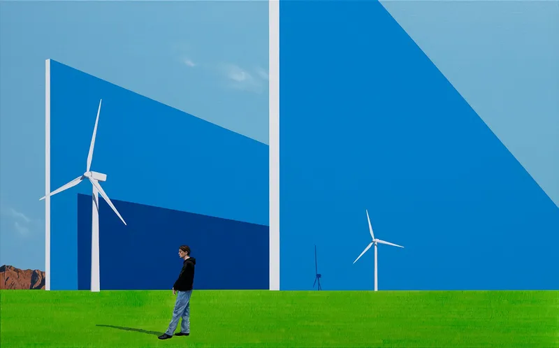 The man looking at something under the blue wall, 2025, Oil on Canvas, 72.7 x 116.8cm