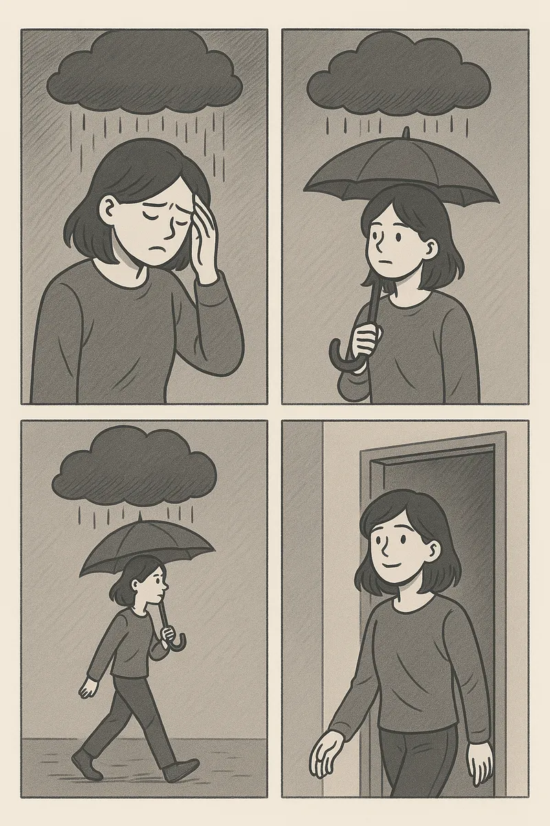A comic-style illustration symbolizing sadness and melancholy, featuring a lone figure in a dimly lit room with rain outside the window, a shadowy forest with a solitary person walking, and a cloudy sky with a person sitting on a bench, all in muted, somber colors.