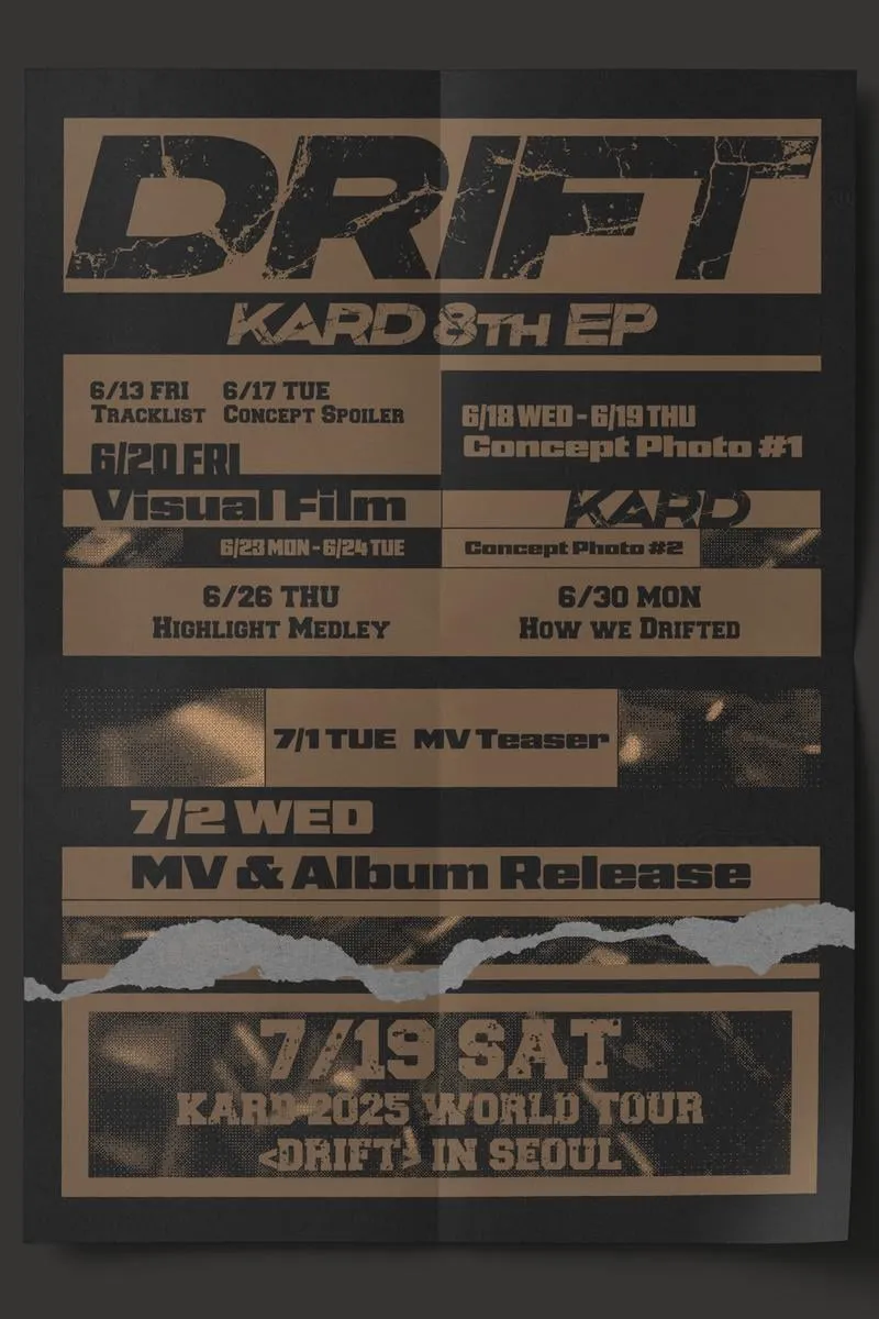 “찢어진 질감 속 반전”…카드(KARD), ‘DRIFT’ 컴백 스케줄러→월드투어 점화 / 알비더블유, DSP미디어