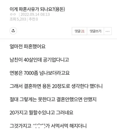 결혼 후 용돈 20 준다니까 파혼하자는 남친